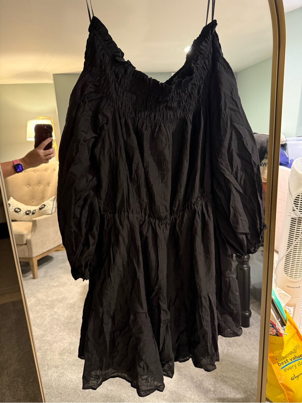 H&M Black Off-Shoulder Smocked Tiered Mini Dress